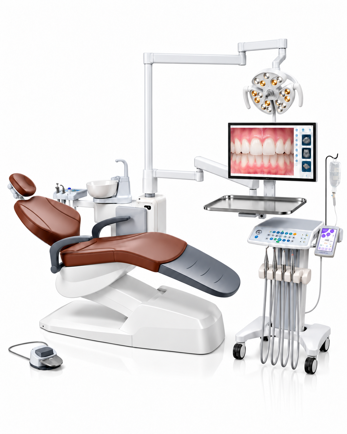 Owner-approved concept render of a brown and white integrated digital dental chair with operating light, monitor, stainless-steel tray and compact instrument trolley