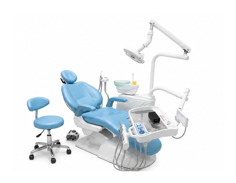 OSINOVA VERO / CROWN light blue dental chair with operating light, delivery unit, spittoon and matching operator's stool